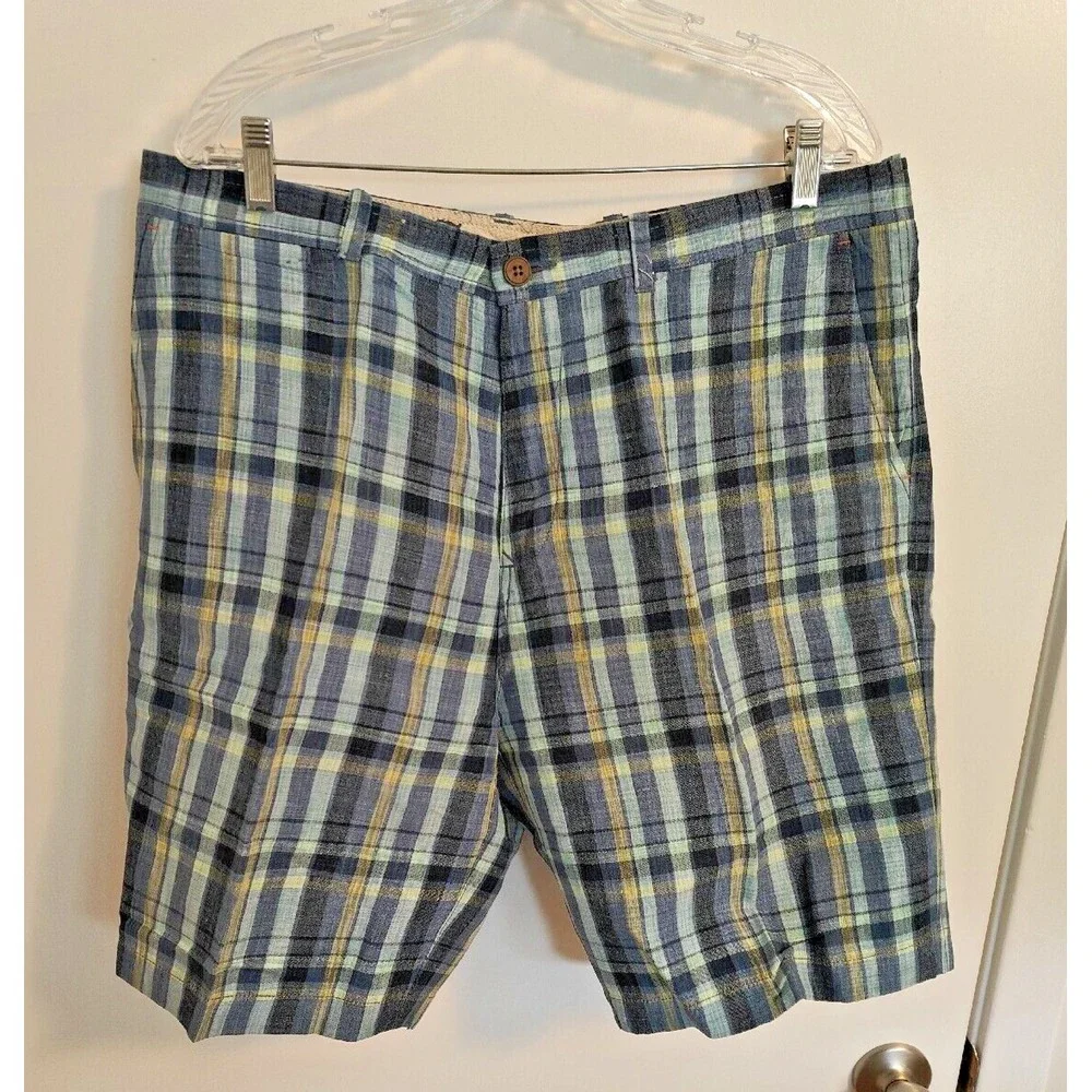 TOMMY BAHAMA Plaid Blue Linen Blend Shorts Mens Size 38 Paradise Nation